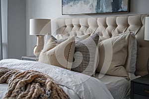 Modern classic bedroom with comfortable king size bed. Close-up of quilted headboard, pillows, blanket, nightstands