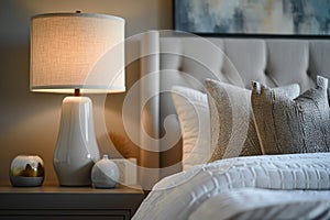 Modern classic bedroom with comfortable king size bed. Close-up of quilted headboard, pillows, blanket, nightstands