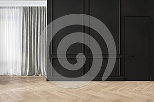 Modern classic black interior blank wall with moldings, curtains, hiden door and wood floor. photo