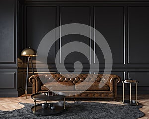 Modern classic black interior with capitone brown leather chester sofa, floor lamp,