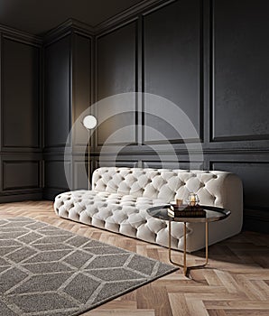 Modern classic black interior with capitone chester sofa, floor lamp, coffee table, mouldings.