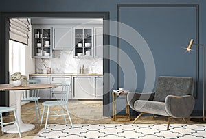 Modern classic blue gray interior with lounge chair, armchair, kitchen, dining table, carpet, floor lamp and mouldings.