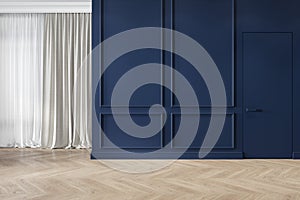 Modern classic blue interior blank wall with moldings, curtains, hiden door and wood floor. photo