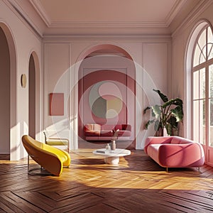 Modern classic bright living room interior. Hardwood floor, abstract painting on the wall, trendy pink sofa, olive