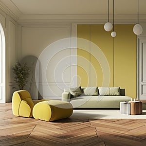 Modern classic bright living room interior. Hardwood floor, white wall with olive panel, light green sofa, ottomans