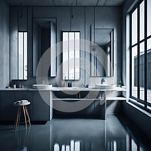 Modern Classic Clean Interior Bathroom Cold Colors And Lights, Ceramic Sink, Toilette, Big Mirror generative Ai