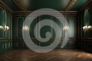 Modern classic dark green empty interior with wall panels and wooden floor. mock up. Generated AI
