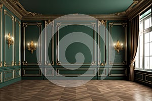 Modern classic dark green empty interior with wall panels and wooden floor. mock up. Generated AI.