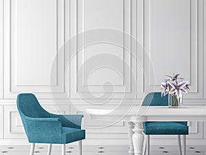 Modern classic dining room 3d render,furnished with white table and blue chair. photo