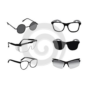 Modern and classic glasses or eyeglasses set for fashion or drawing black and white illustrations logo symbol silhouette