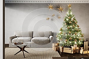 Modern classic gray interior with fireplace, christmas tree, gifts and sofa.