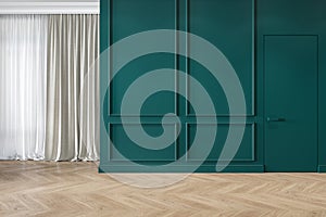 Modern classic green interior blank wall with moldings, curtains, hiden door and wood floor.