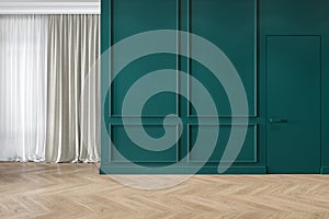 Modern classic green interior blank wall with moldings, curtains, hiden door and wood floor. photo