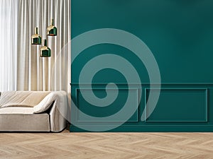 Modern classic green interior with moldings, sofa, lamps, curtains and wood floor.