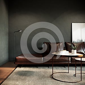 modern classic green room mock up interior design. the room have leather sofa  table and carpet. 3D background illustration