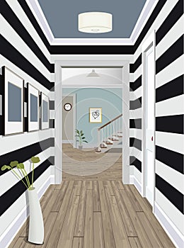 Modern Classic Hall Hallway Corridor In Old Vintage Apartment. Hallway illustration. Interior of an internal corridor.