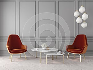 Modern classic interior with armchairs, lamp, table, wall panels and wooden floor.
