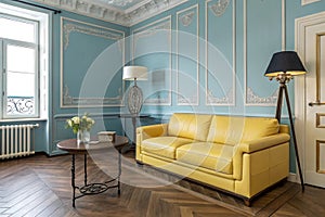 Modern classic blue and yellow interior with leather sofa and table