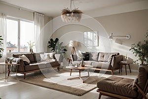 Modern classic interior.Sofa,armchair,side table with lamps.White wall and wooden floor with carpet. ing