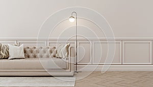 Modern classic interior.Sofa, pillows with floor lamps.White wall and wooden floor with carpet.