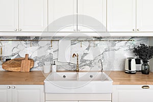 Modern classic kitchen interior with kitchen appliances and white ceramic sink with gold mirror faucet on wood top with marble