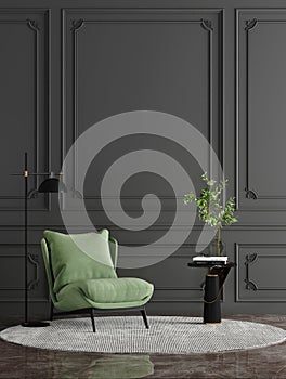 Modern classic living room interior background, dark wall empty frame Scandinavian style 3D rendering living room mockup