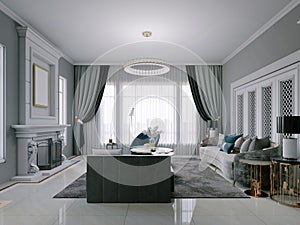 Modern classic living room interior with built-in white wardrobe and gray walls with golden side tables