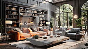 Modern classic living room interior in luxury house. Dark gray walls, comfortable couch and armchairs, coffee table