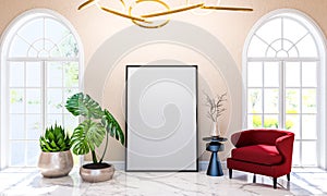 Modern classic luxury living room interior background with mock up poster frame, 3D Rendering