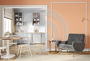 Modern classic peach beige interior with lounge chair, armchair, kitchen, dining table