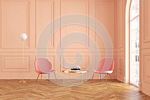 Modern classic peach color interior with armchairs, coffee table and floor lamp.