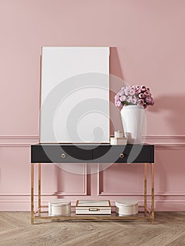 Modern classic pink interior with dresser, console, furniture, decor, flowers, gifts.