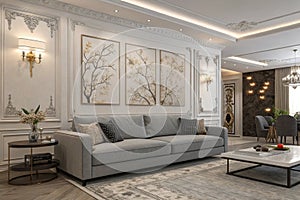 Modern classic living room with gray sofa and wall decorations photo