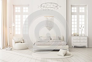 Modern classic style luxury white bedroom with  white window overlooking bright background 3d render