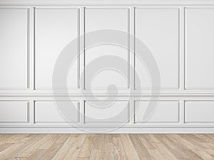 Modern classic white empty interior with wall panels, molding and wooden floor.