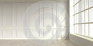 Modern classic white empty interior with wall panels and wooden floor. 3d render