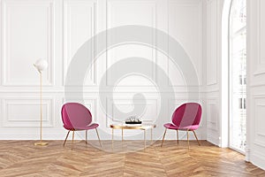 Modern classic white interior with armchairs, coffee table and floor lamp.