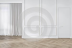 Modern classic white interior blank wall with moldings, curtains, hiden door and wood floor.