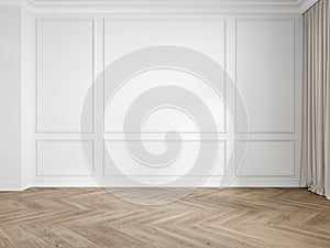 Modern classic white interior blank wall with moldings, panelling, wood floor, curtain. photo