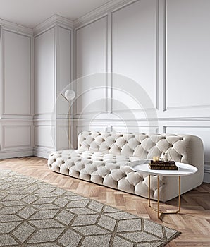 Modern classic white interior with capitone chester sofa, floor lamp, coffee table, carpet, wood floor, mouldings.