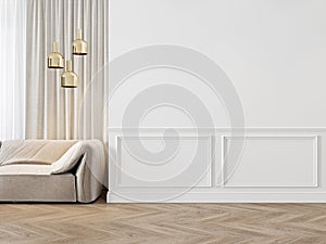 Modern classic white interior with moldings, sofa, lamps, curtains and wood floor.