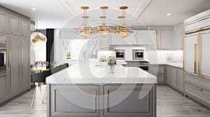 Modern classic white kitchen in a luxury apartment. Large kitchen island with marble top and bar stools, wooden floor