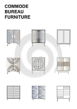 Modern and classical commodes, bureaux, with decorative milling on facades.