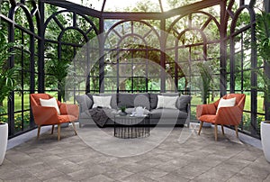 Modern classical style transparent living room interior with nature view 3d render