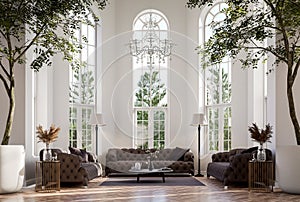 Modern classicl style living room surrounded by green garden 3d render