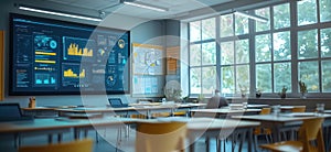 Modern classroom with digital display showcasing data analytics and interactive learning tools