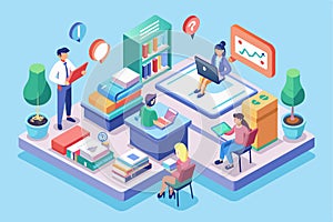 A modern classroom features students engaged with technology while learning, showcasing a collaborative environment, Teaching