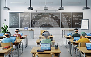 A modern classroom features students using tablets and VR headsets interacting with smartboards filled with equations