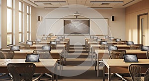 Modern classroom featuring desks with tablets and a large interactive whiteboard display