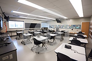 modern classroom full of technology and modern learning tools, including projectors, laptops and whiteboards